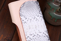 Handmade leather Long biker trucker wallet leather chain men snake skin beige wallet