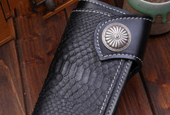 Handmade leather Long biker trucker wallet leather chain men snake skin black wallet - EverHandmade