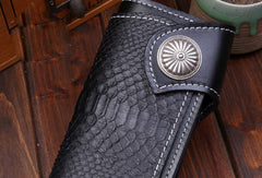 Handmade leather Long biker trucker wallet leather chain men snake skin black wallet
