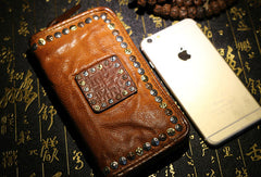 Handmade long wallet leather men rivet vintage clutch wallet for men