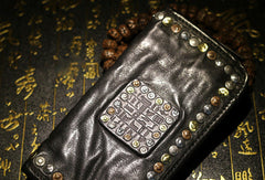 Handmade long wallet leather men rivet vintage clutch wallet for men