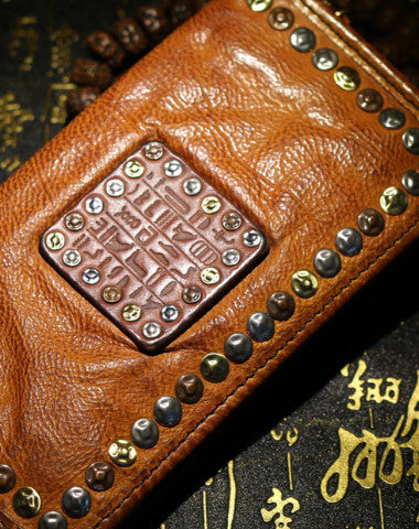 Handmade long wallet leather men rivet vintage clutch wallet for men