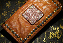 Handmade long wallet leather men rivet vintage clutch wallet for men