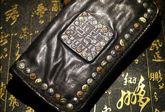 Handmade long wallet leather men rivet vintage clutch wallet for men