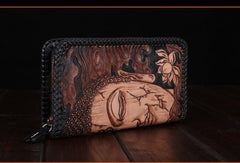 Handmade leather clutch long wallet leather men Buddha black tooled wallet
