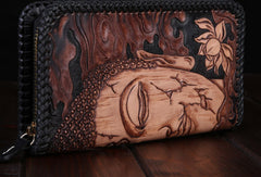Handmade leather clutch long wallet leather men Buddha black tooled wallet