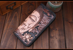 Handmade leather clutch long wallet leather men Buddha black tooled wallet