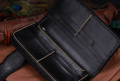 Handmade leather floral biker trucker brown wallet leather chain men Black Tooled wallet