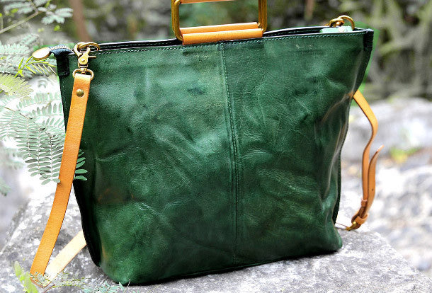 Handmade vintage handbag green black shoulder bag tote bag