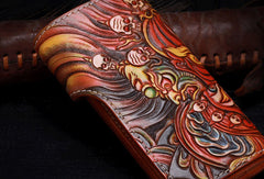 Handmade leather Long biker trucker God Mahakala wallet leather chain men Brown Tooled wallet - EverHandmade