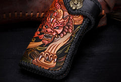 Handmade leather Long biker trucker wild Animal wallet leather chain men Black Carved Tooled wallet