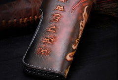 Handmade leather biker trucker Long Ganesha wallet leather chain men Brown Tooled wallet - EverHandmade
