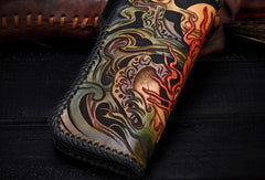 Handmade leather Long biker trucker wild Animal wallet leather chain men Black Carved Tooled wallet