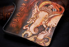 Handmade leather biker trucker Long Ganesha wallet leather chain men Brown Tooled wallet - EverHandmade