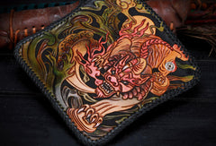 Handmade leather Long biker trucker wild Animal wallet leather chain men Black Carved Tooled wallet