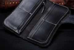 Handmade leather Long biker trucker wild Animal wallet leather chain men Black Carved Tooled wallet