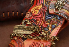 Handmade leather Long biker trucker God Mahakala wallet leather chain men Brown Tooled wallet - EverHandmade