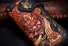 Handmade leather Long biker trucker wild Animal wallet leather chain men Black Carved Tooled wallet