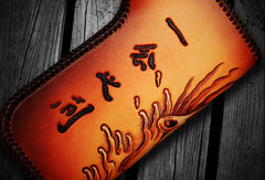 Handmade leather biker trucker wallet black Buddha leather chain men Carved Tooled wallet