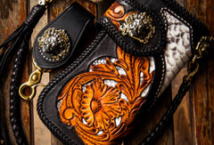 Handmade leather biker trucker wallet black floral leather chain men Carved Tooled wallet