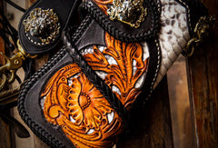 Handmade leather biker trucker wallet black floral leather chain men Carved Tooled wallet - EverHandmade