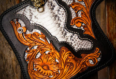 Handmade leather biker trucker wallet black floral leather chain men Carved Tooled wallet - EverHandmade