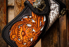 Handmade leather biker trucker wallet black floral leather chain men Carved Tooled wallet