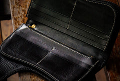 Handmade leather biker trucker wallet black floral leather chain men Carved Tooled wallet - EverHandmade