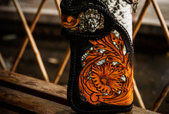 Handmade leather biker trucker wallet black floral leather chain men Carved Tooled wallet - EverHandmade
