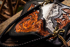 Handmade leather biker trucker wallet black floral leather chain men Carved Tooled wallet - EverHandmade