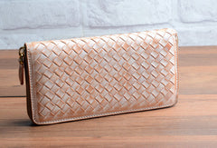 Handmade braided beige leather long wallet purse clutch Zipper men women