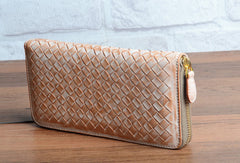 Handmade braided beige leather long wallet purse clutch Zipper men women - EverHandmade