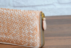 Handmade braided beige leather long wallet purse clutch Zipper men women - EverHandmade