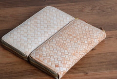 Handmade braided beige leather long wallet purse clutch Zipper men women - EverHandmade
