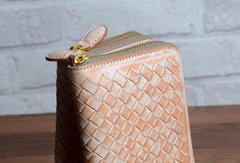 Handmade braided beige leather long wallet purse clutch Zipper men women - EverHandmade