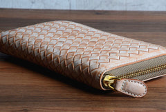 Handmade braided beige leather long wallet purse clutch Zipper men women