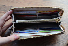 Handmade braided beige leather long wallet purse clutch Zipper men women - EverHandmade