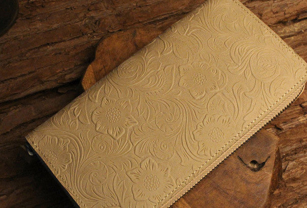 Handmade long leather wallet floral leather clutch wallets for women men zip - EverHandmade