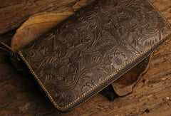 Handmade long leather wallet floral leather clutch wallets for women men zip