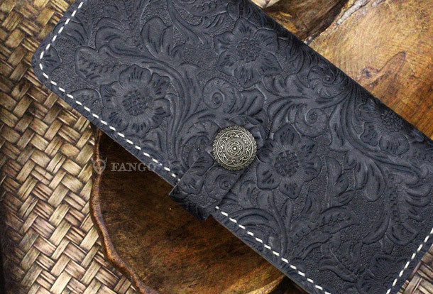 Handmade long leather wallet flowral leather clutch wallet for men women - EverHandmade