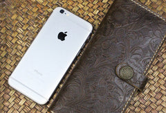 Handmade long leather wallet flowral leather clutch wallet for men women