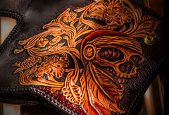 Handmade leather biker trucker wallet black skull leather chain men Tooled wallet