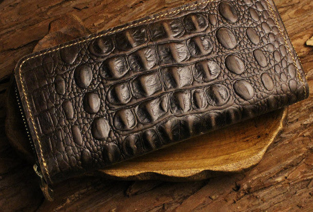 Handcrafted Mens Alligator Leather Zipper Long Wallet Business Hand Clutch  Phone Holder