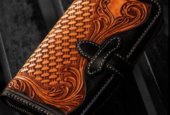 Handmade leather clutch zip long wallet black floral leather men Tooled