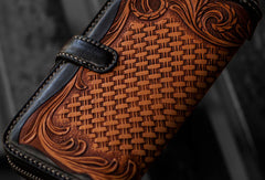 Handmade leather clutch zip long wallet black floral leather men Tooled