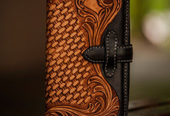 Handmade leather clutch zip long wallet black floral leather men Tooled