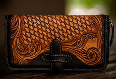 Handmade leather clutch zip long wallet black floral leather men Tooled