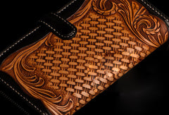 Handmade leather clutch zip long wallet black floral leather men Tooled