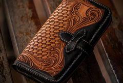 Handmade leather clutch zip long wallet black floral leather men Tooled