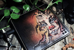 Handmade leather Biker trucker long Joker wallet leather  men Black Carved Tooled wallet - EverHandmade